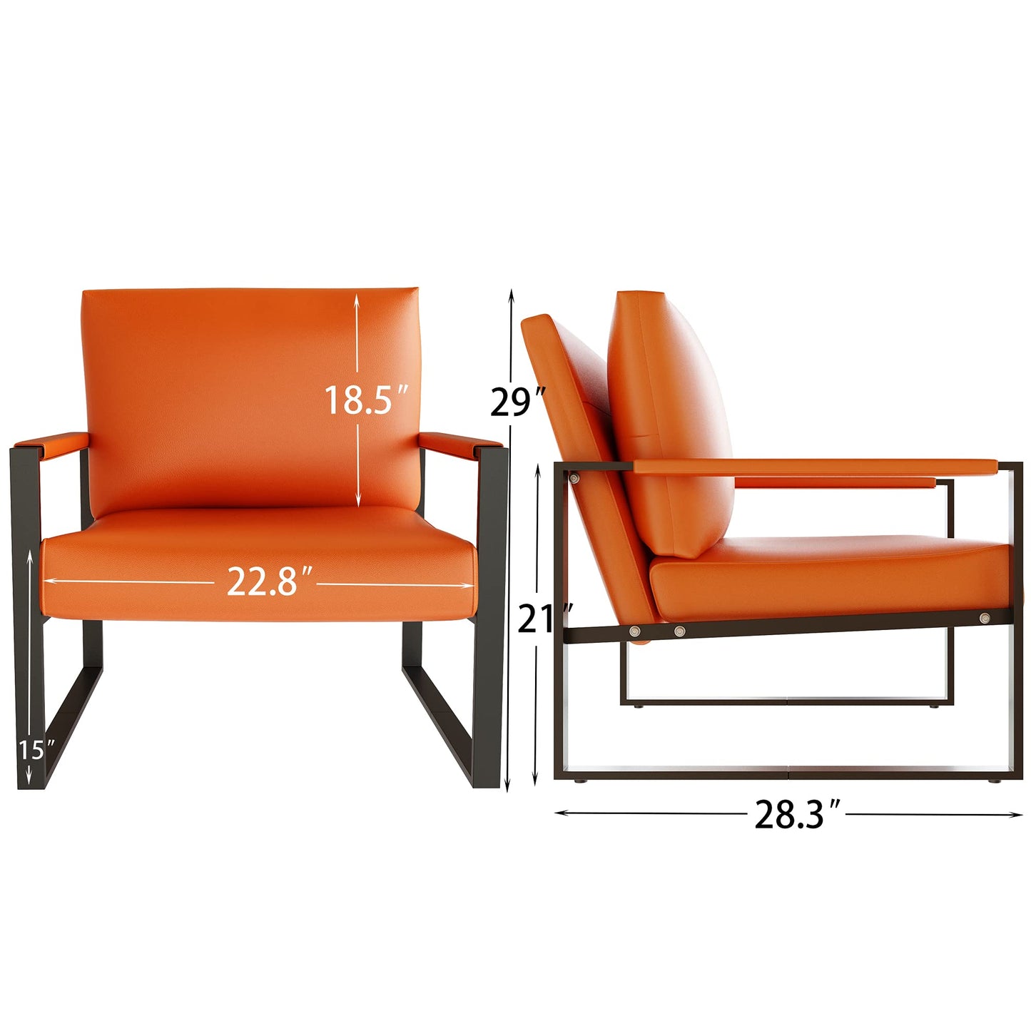 AWQM Modern PU Leather Accent Chair Arm Chair with Extra-Thick Padded Backrest and Seat Cushion Sofa Chairs for Living Room Bedroom, 105 Degree Slant Back, Non-Slip Adsorption Feet, Orange