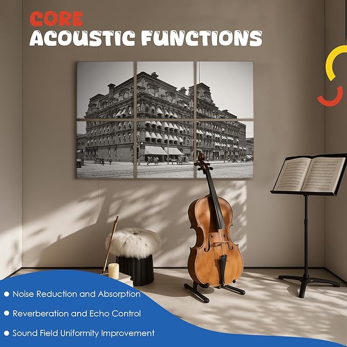 EVENRISING Acoustic Wall Panel 6 Pack, 23.6"x23.6"Decorative Art Soundproof Panel, Sound Absorb Self-Adhesive Panel, Acoustic Treatment for Studio, Home Theater, Office (City Hall 1905)