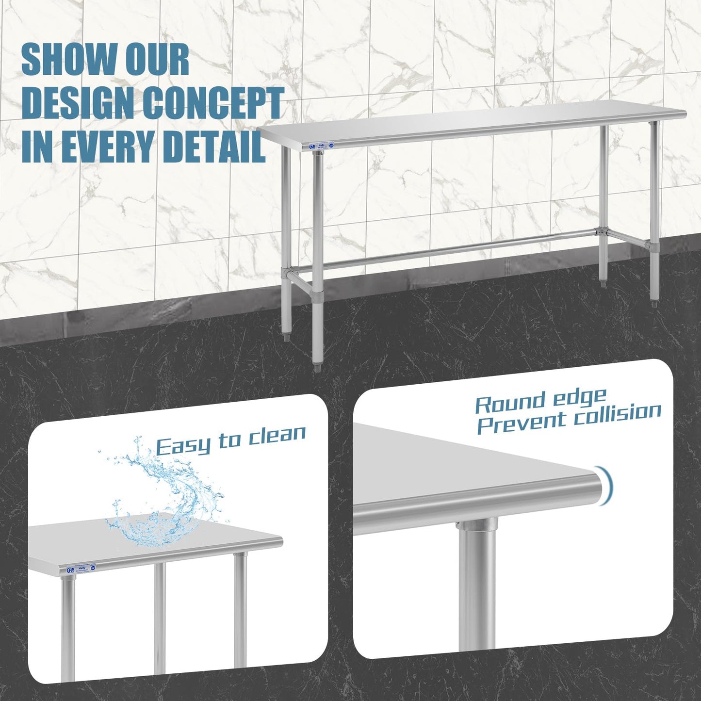 Hally Open Base Stainless Steel Table 24 x 72 Inches, NSF Commercial Heavy Duty Prep & Work Table with Galvanized Legs for Restaurant, Home and Hotel