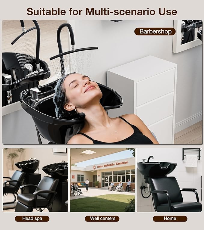 SyyBhb Shampoo Chair and Bowl for Salon, Head Spa Waterfall and Sprayer, Tilting ABS Bowl, Distance Adjustable Seat, Barbershop Spa Equipment
