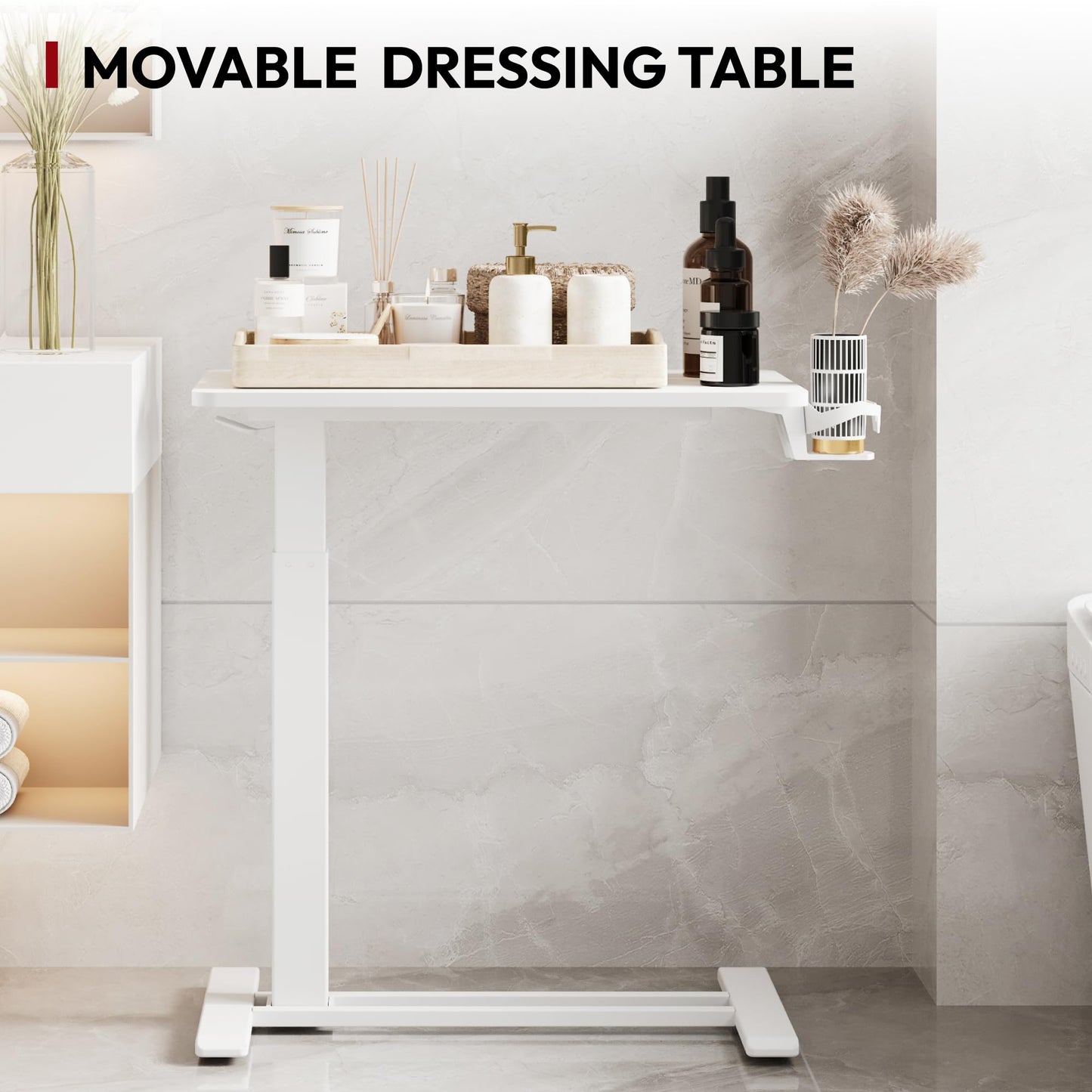 SANODESK Mobile Standing Desk with Hidden Wheels,Pneumatic Laptop Desk Rolling Computer Cart Movable Height Adjustable Small Sit Stand Desk for Home Office(27.6" W x 15.7" D, White)