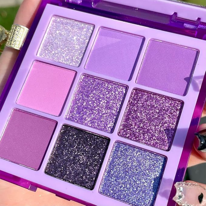 evpct 9 Colors Purple Glitter Eyeshadow Palette, Lavender Violet Purple Pink Glitter Metallic Shimmer Sparkly Eye Shadow Palette Makeup for Older Women Blue Eyes, Waterproof Highly Pigmented Eyeshadow