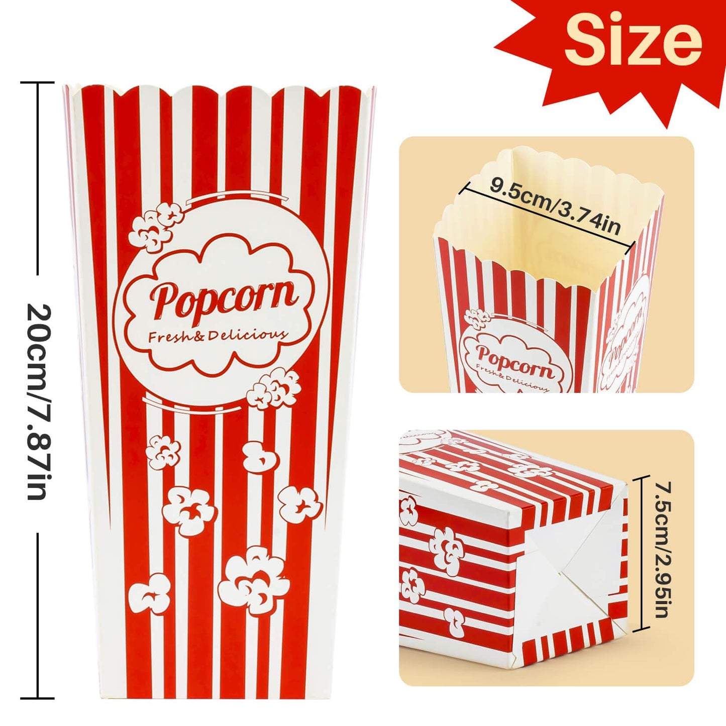 MAQIHAN 18 Popcorn Boxes Easy Assembly - 46oz Square Popcorn Bowls Square Buckets Containers Tub Paper Cups Holders Disposable Halloween Carnival Christmas Movie Night Kids Party Individual Servings