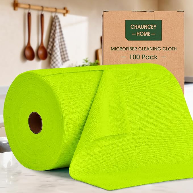 Microfiber Cleaning Cloth Roll–100 Pack, Tear Away Microfiber Towels, Reusable, Washable, Scratch-Free, Kitchen Towels for Car, Home, Kitchen, Glass, Dishes (Neon Green)