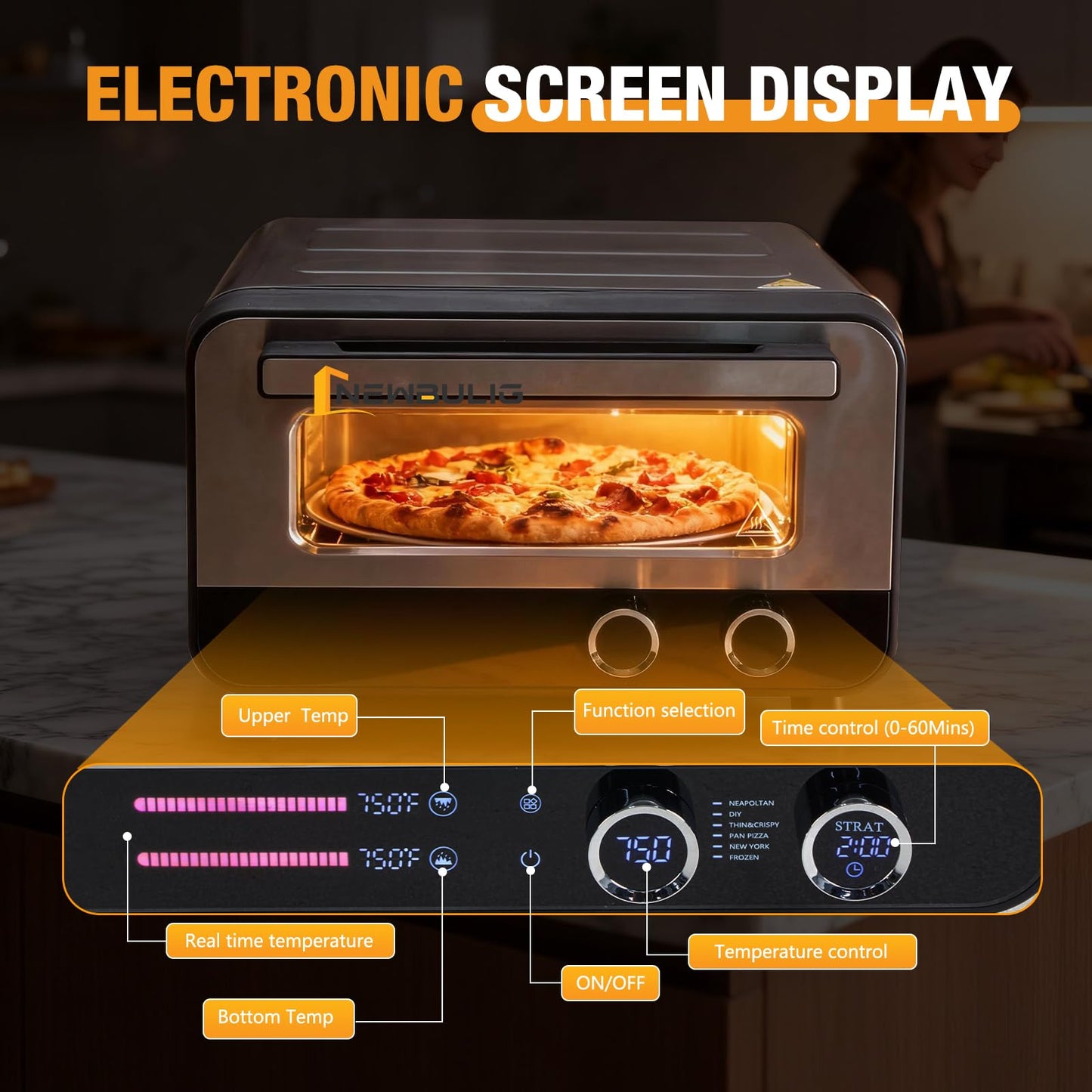 Sweetcrispy 1600W Electric Pizza Oven with Digital Display, 6 Preset Functions, 750°F High Heat, Pizza Stone & Pizza Peel Included, Countertop Air Fryer Oven for Homemade Pizza