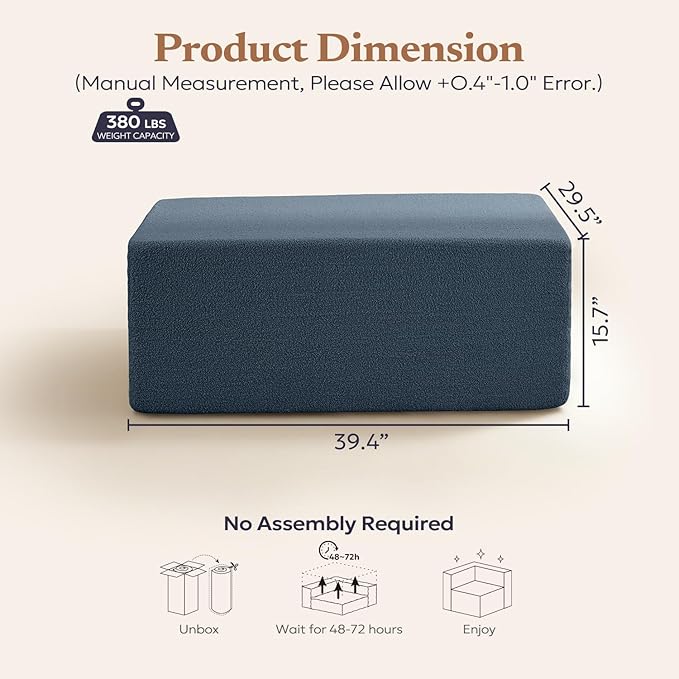 Furnify 40" Memory Foam Couch Footrest, Cloud Modular Sofa with Removable Cover, Upholstered Floor Sofa Ottoman, Upholstered Sofa for Bedroom Living Room, No Assembly Required (Teddy Boucle, Blue)