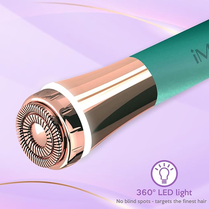 Facial Hair Remover for Women – Painless 16mm Dual Ring Floating Head Blade, Portable, Electric Razor & Epilator for Flawless Face, Lips & Chin – with 18K Gold-Plated Head, 360° LED Light