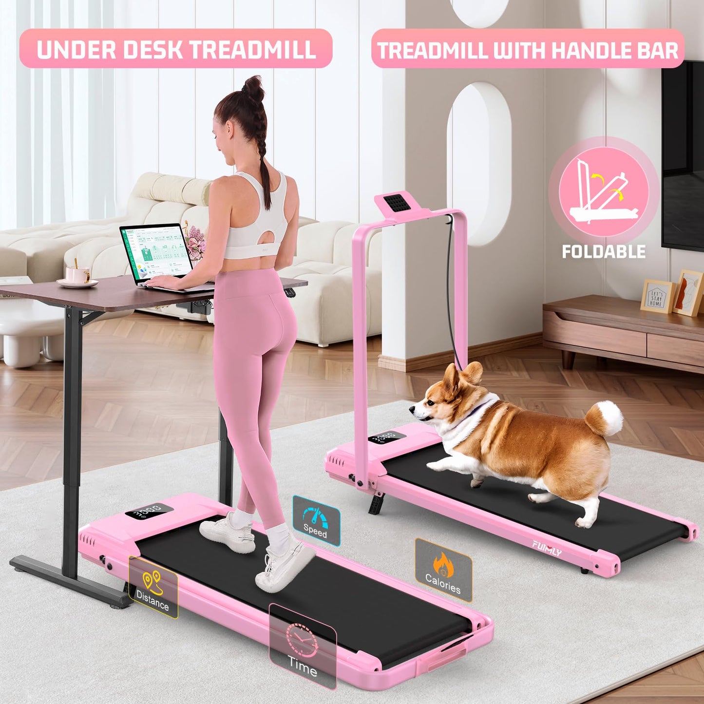 FUNMILY Foldable Walking Pad with Handle Bar, 4 in 1 Under Desk Treadmill with Incline, 2025 Upgraded Smart Folding Treadmill for Home/Office, 300 lbs Weight Capacity, Ultra-Quiet