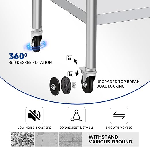 PIUMACU Stainless Steel Table with Wheels, 24 x 24 Inch Stainless Table for Prep & Work, Commercial NSF Steel Metal Table for Restaurant Kitchen Hotel Garage