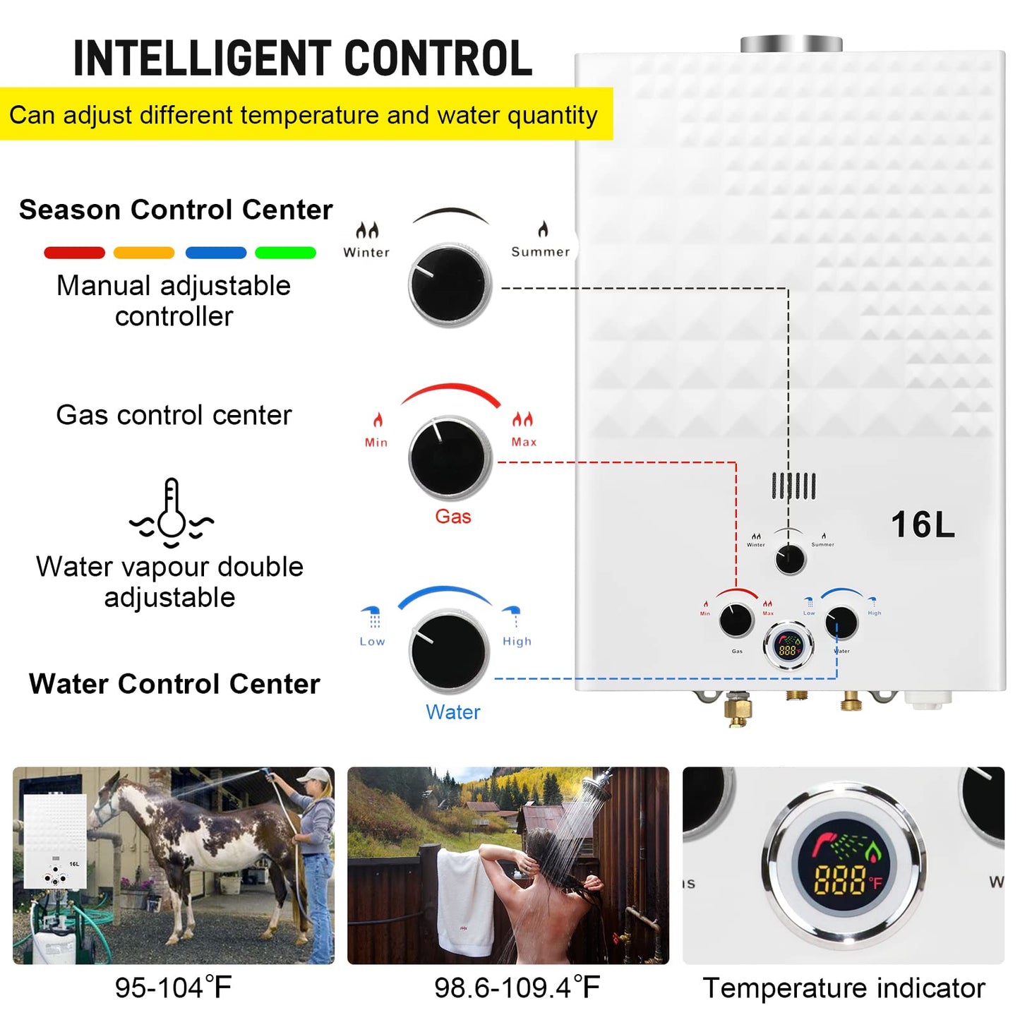 Tankless Water Heater Propane 4.21GPM 16L Outdoor Portable GasHot Water Heater Instant Propane Water Heater with Digital Display Multi-Protection for Camping Trips Boat Cabins