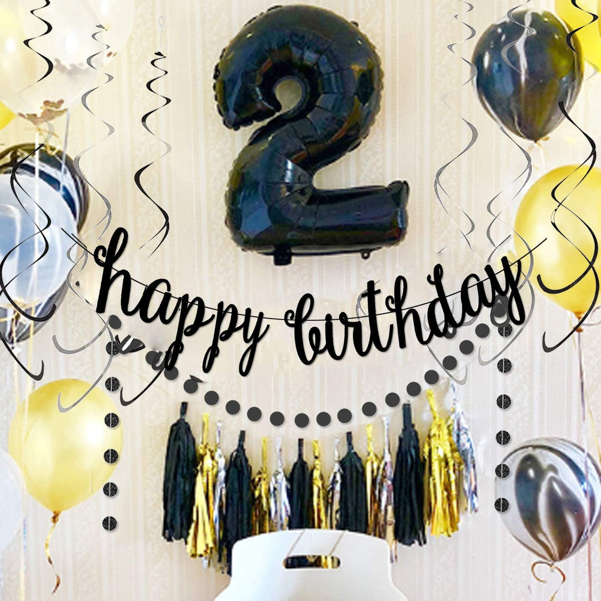 Black Happy Birthday Banner Decoration Kit, Glittery Banner Circle Dots Garland with Black Silver Hanging Swirls for Birthday Baby Shower Party Decorations Supplies, Pre-Strung