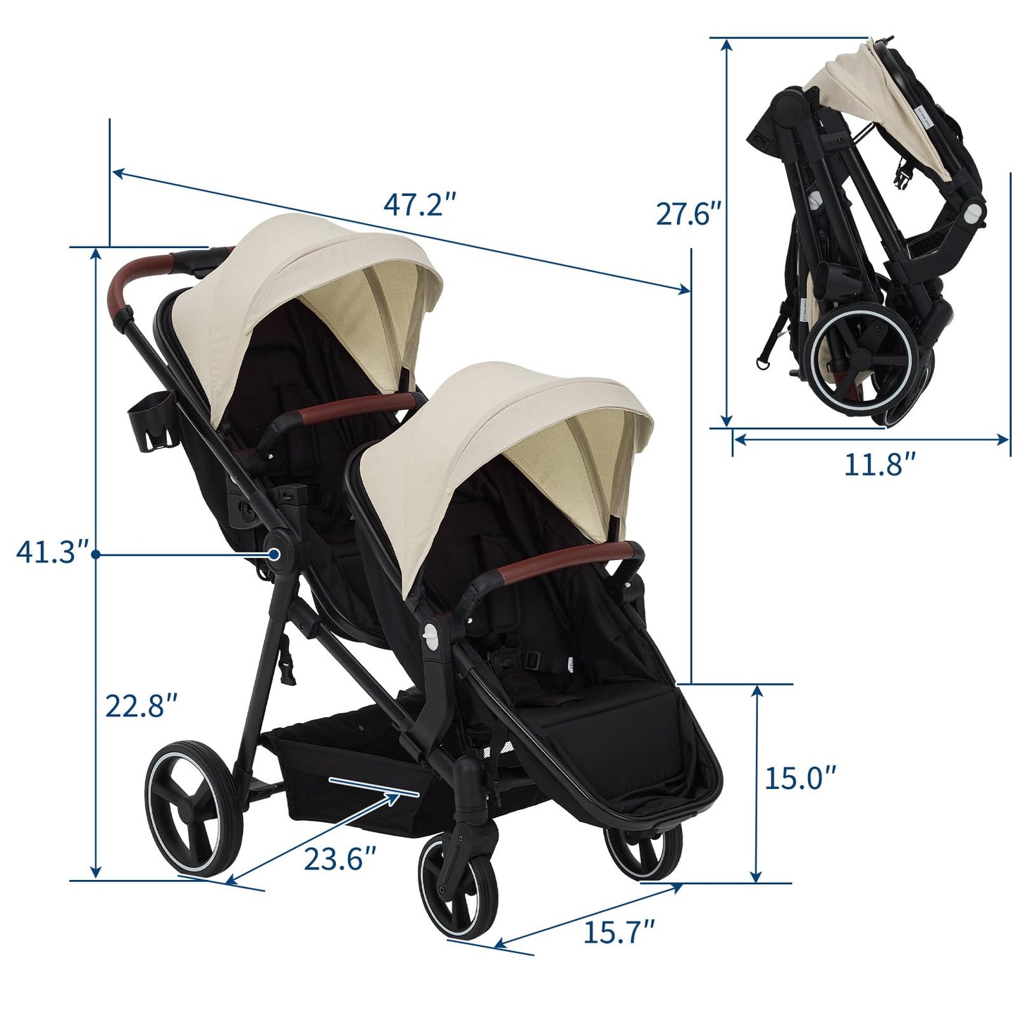 Tandem Double Stroller for Twins, Foldable Baby Stroller for Newborns 0-6 Months, Reversible Adjustable Seats, Shock-Absorbing Swivel Wheels & One-Step Brake, Storage Basket & Sun Canopy, Beige