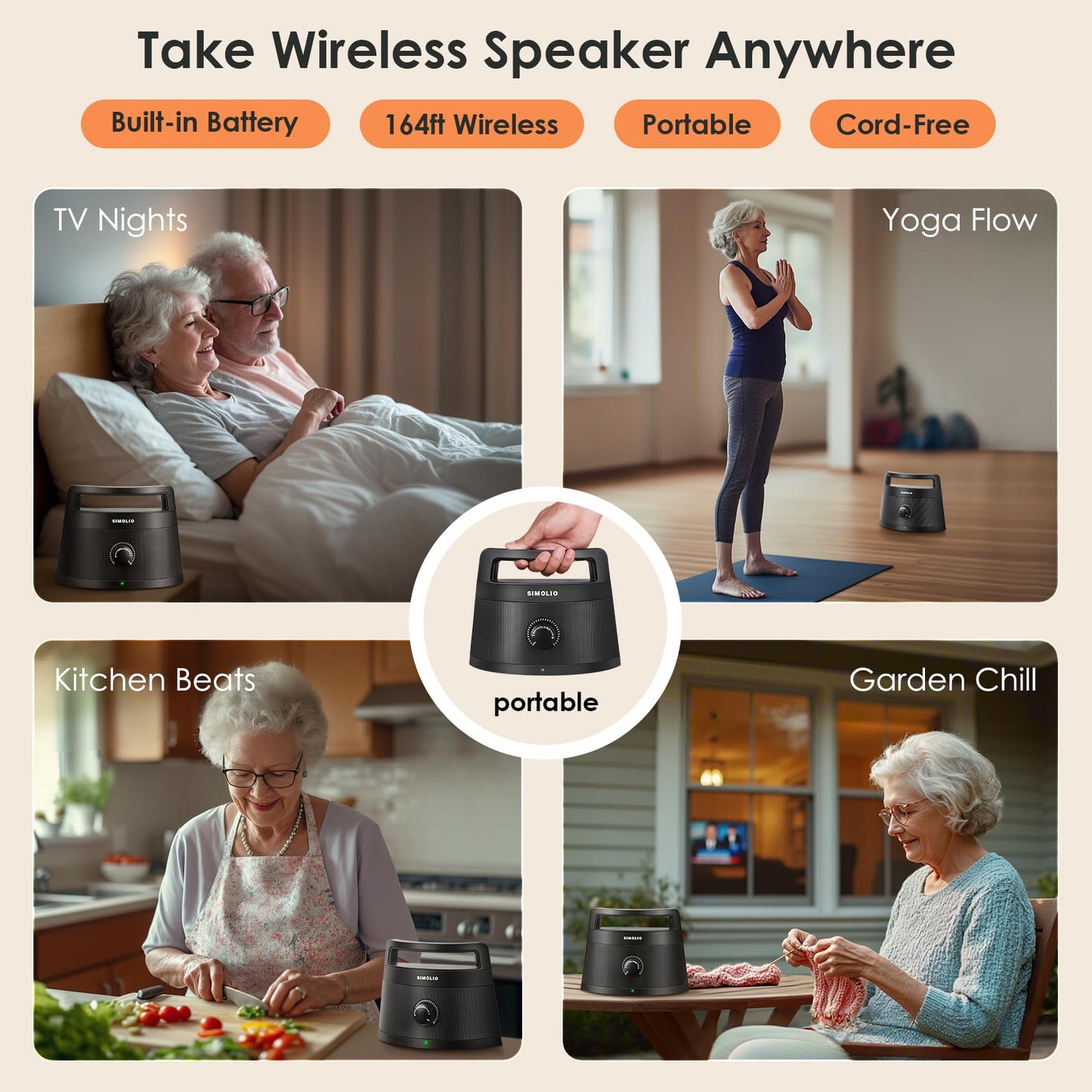 SIMOLIO Wireless TV Speakers for Seniors Hard of Hearing, 164ft Long Range, 3 EQ Modes, Voice Clarity Boost, Dual TV/Bluetooth Modes, Portable Rechargeable Speaker for TVs with Wired Headphones
