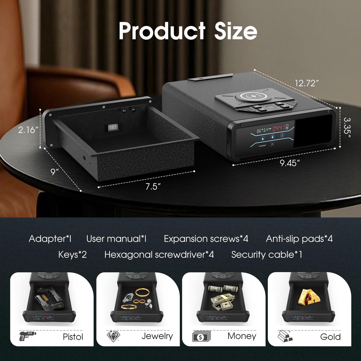 Gun Safe for Handgun Pistol Case - Biometric Quick Access Pistol Safe with Wireless Charging for Watch & Phone, 3-in-1 Fingerprint Keypad Key Lock Gun Box for Home Nightstand Bedside