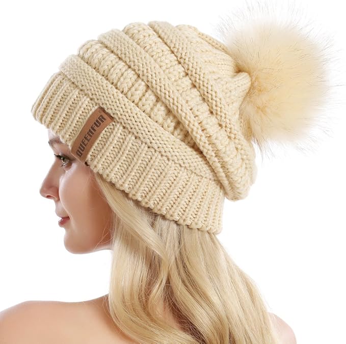 QUEENFUR Women Knit Slouchy Beanie Chunky Baggy Hat with Faux Fur Pompom Winter Soft Warm Ski Cap