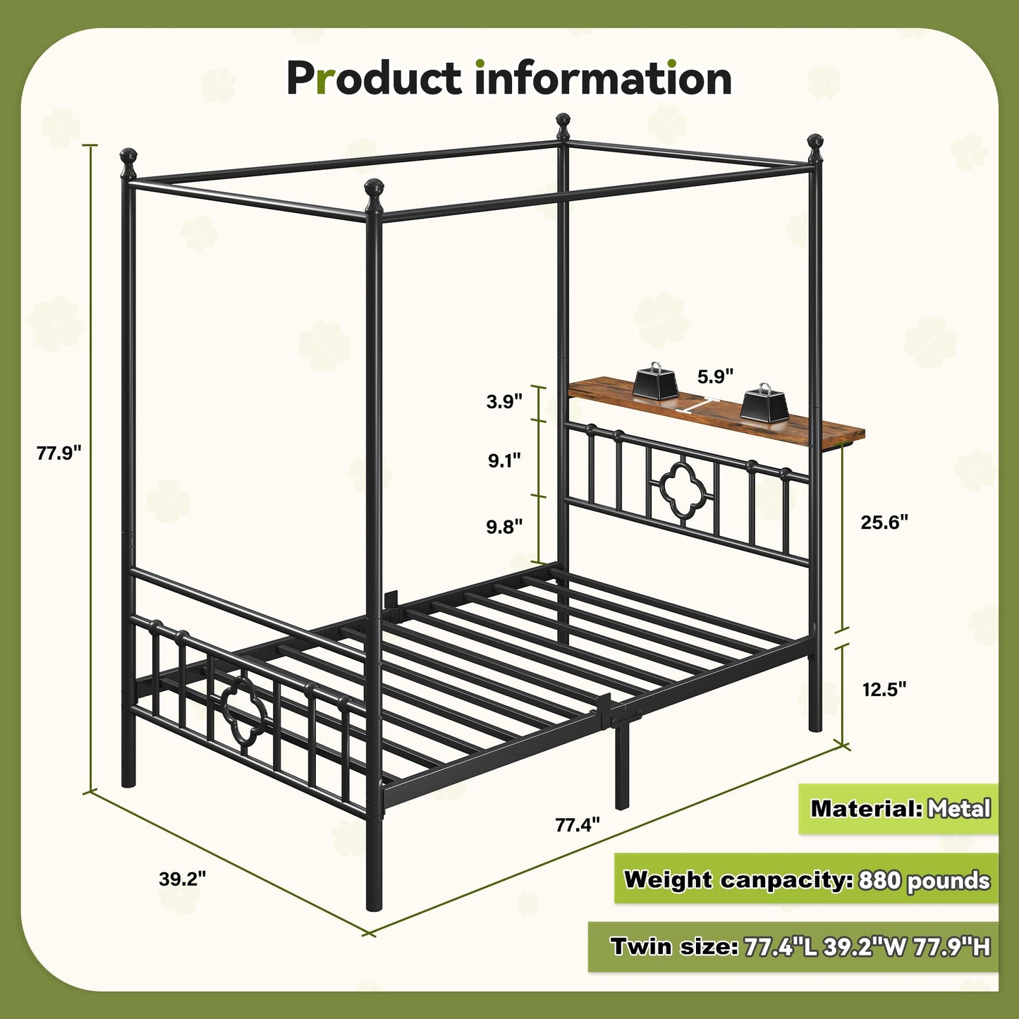Homkdom Canopy Bed Frame with Storage Headboard, Twin Size Bed Frame with 4 Removable Posts, Sturdy Metal Platform with Under-Bed Storage, Dual Purpose Bed Frame, No Box Spring Needed, Black