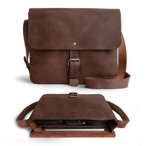Hide & Drink, Small Messenger Bag, Rectangular Bag with Adjustable Shoulder Strap, Crossbody Bag, Travel Accessory, Full Grain Leather, Handmade, Bourbon Brown
