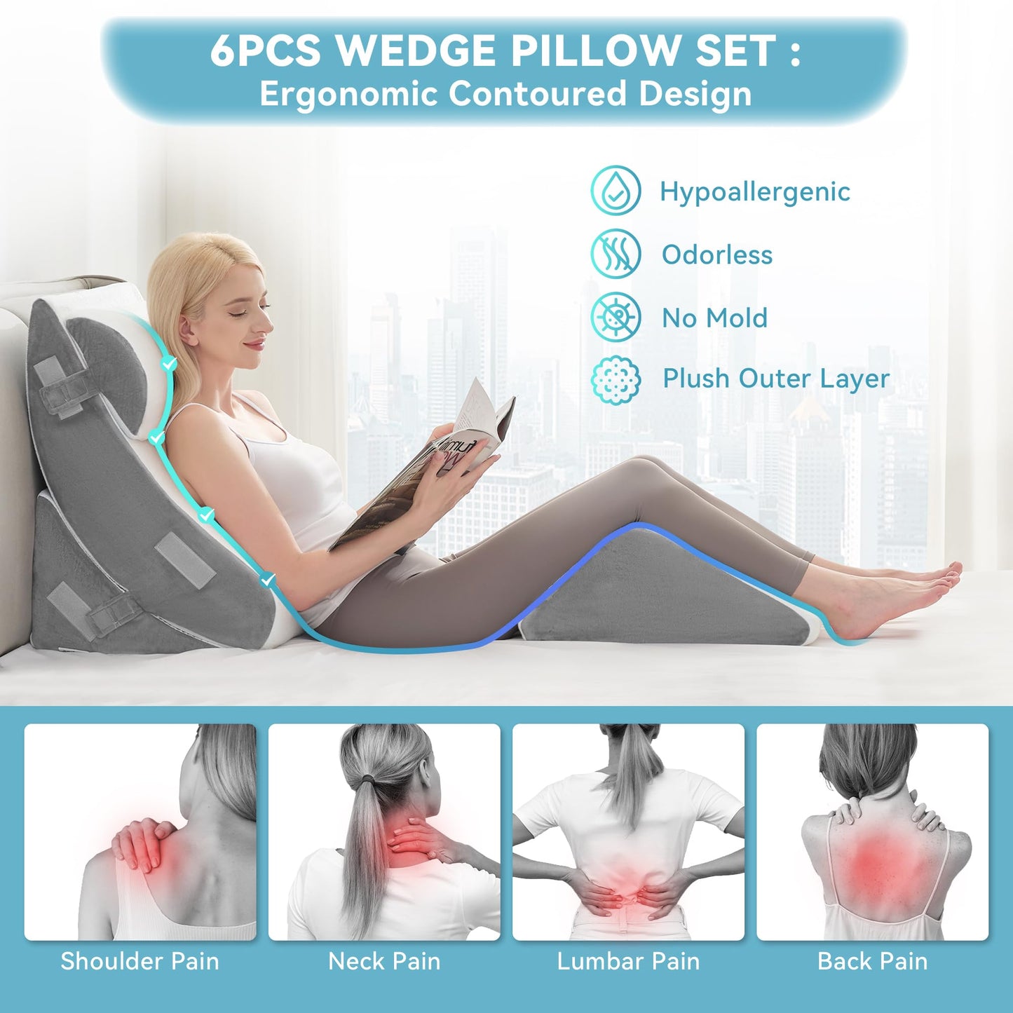 Kingfun 4pcs Orthopedic Bed Wedge Pillow Set for Post Surgery, Memory Foam for Sleeping, Adjustable Leg, Back and Arm Support, Sitting Up and Rest Pillow with Travel Bag