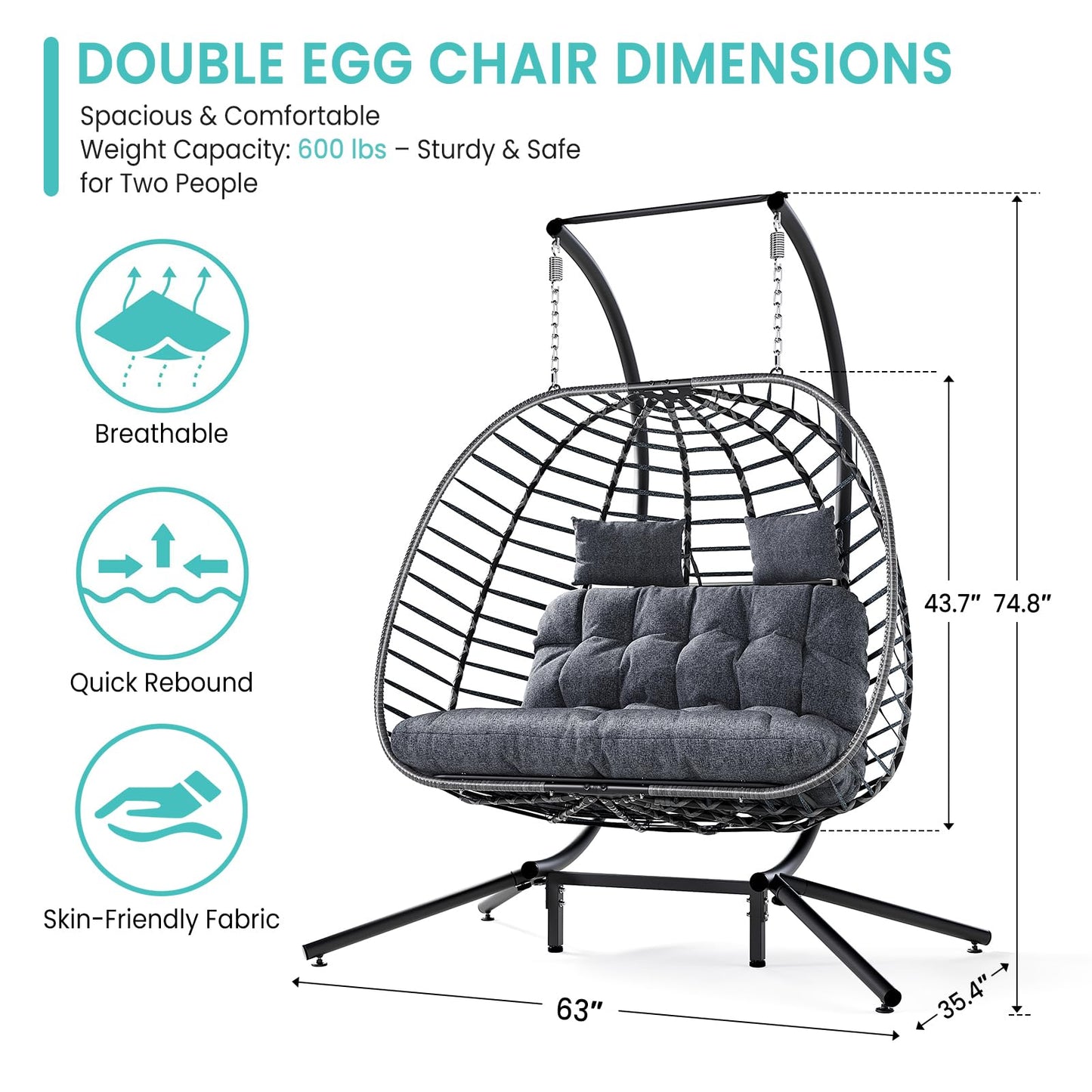 SWITTE Double Egg Swing Chair with Stand, Outdoor Patio 2 Person Hanging Wicker Hammock Chairs with Cushion for Indoor Bedroom, Lawn, Garden-Dark Grey