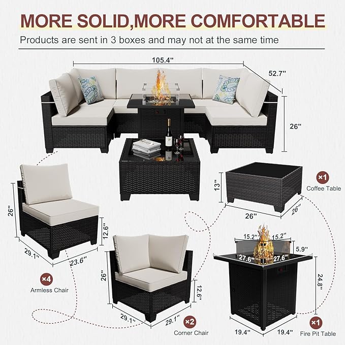 Ophelian 8 Piece Patio Furniture Set with Fire Pit Table, Wicker Outdoor Sectional Sofa Set, Conversation Sets with Thick Anti-Slip Cushions for Backyard, Garden, Deck, (Brown/Beige)