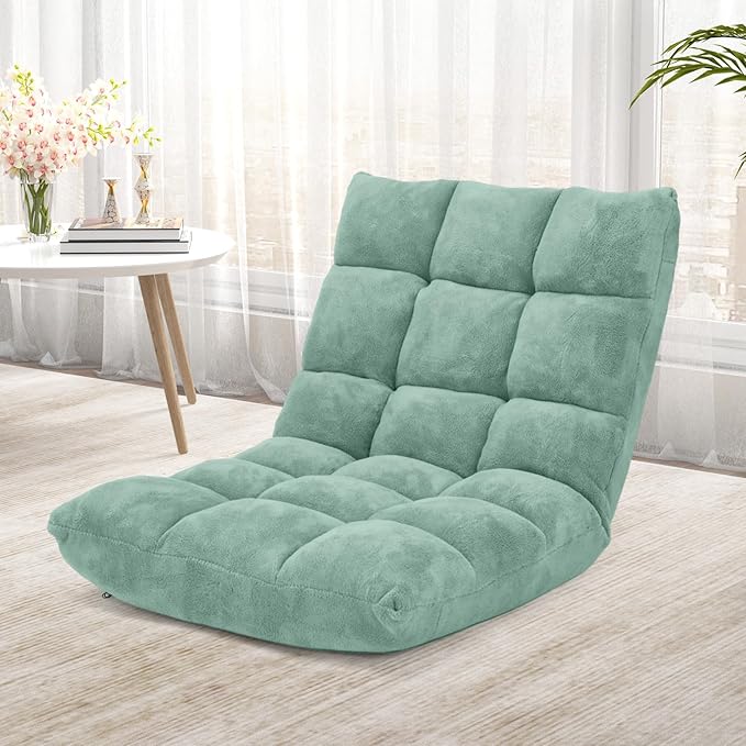 COSTWAY Floor Chair, Video Gaming Chairs with Back Support, Adjustable 14-Position, Alloy Steel Frame, Soft Coral Fleece, Lazy Sofa Lounge for Reading Living Room Recliner for Adults Kids (Green)