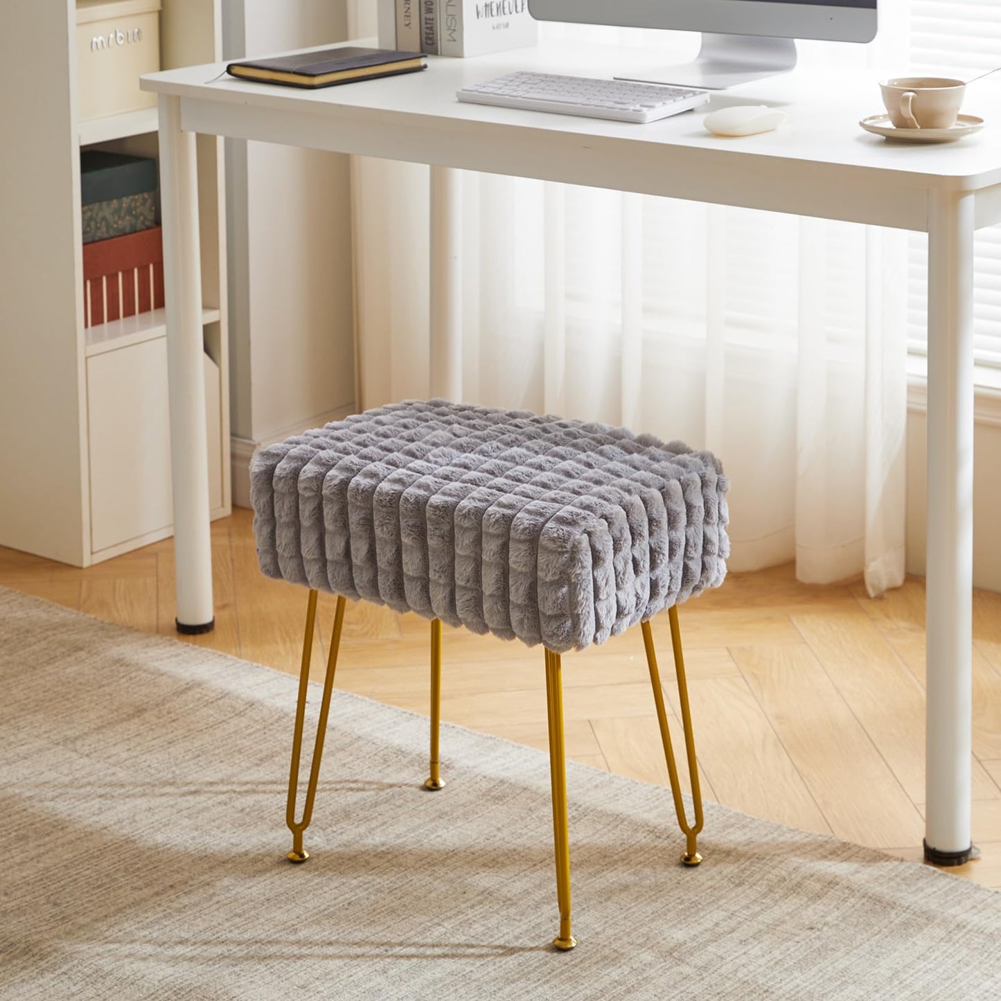 IBUYKE Rectangular Footrest Stool Ottoman, Makeup Vanity Stool Side Table, Velvet Dressing Table Seat, Footstool Chair, Golden Steel Legs, for Makeup Room, Bedroom, Square Grid Pattern, Grey WBD003G