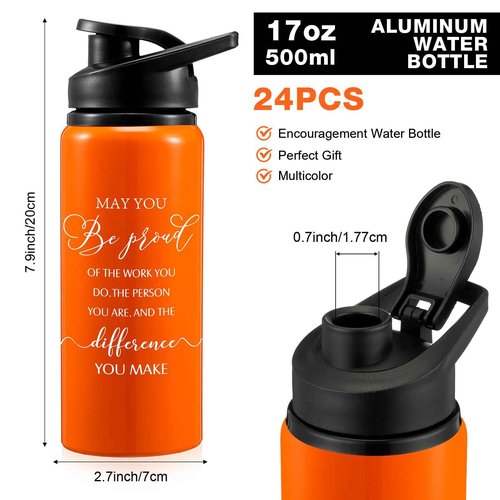Bokon 24 Pack Thank You Inspirational Gifts Reusable Aluminum Water Bottle Bulk Lightweight Leakproof Metal Sports with Lid for Christmas Gym Camping Hiking Back to School Gift(Colorful,17 oz)