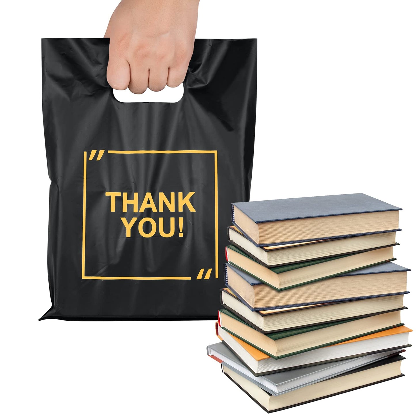 50 Pack Die Cut Plastic Shopping Bags with Thank You Logo 9x12 Merchandise Bags Extra Thick Glossy and Shopping Bags for Retail,Boutique Bags with Handles for Merchandise, Gifts, Trade Shows