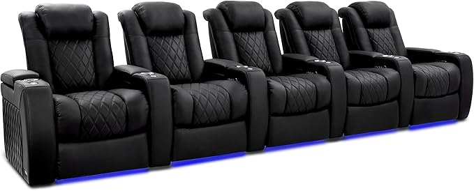 Valencia Tuscany Home Theater Seating Semi-Aniline Italian Nappa 20000 Leather Ultimate Luxury Heat & Ventilation Power Recliner Power Lumbar and Headrest (Row of 5, Onyx)