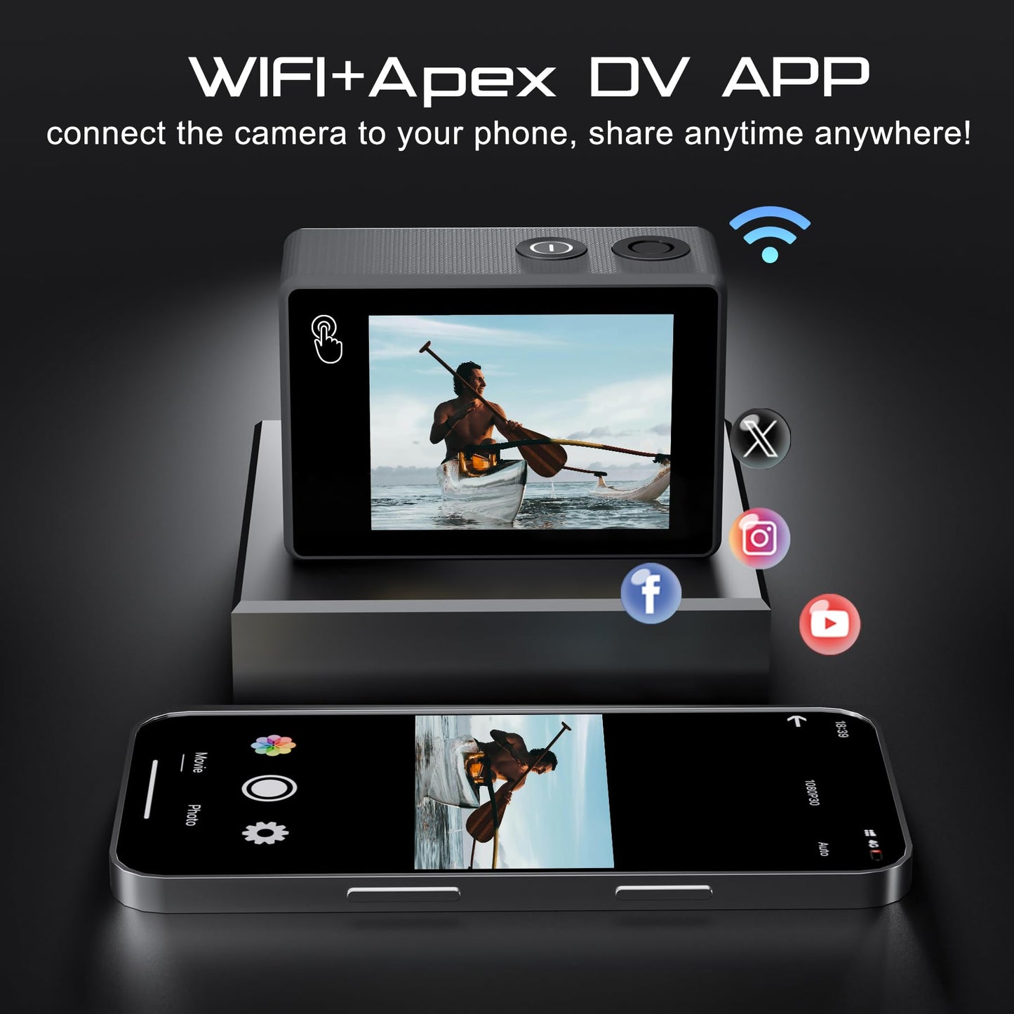 Apexcam Action Camera 4K Touch Screen, 131Ft Waterproof Camera Underwater, 60Fps 64Mp Sports Camera Helmet For Vlog, 170  Wifi C