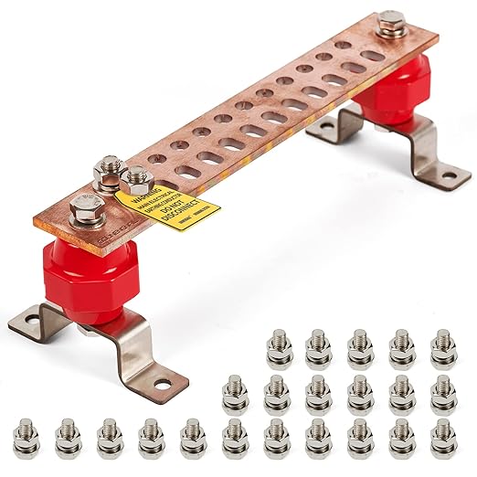 12" Heavy-Duty Copper Ground Bar Kit,Grounding Bus Bar,with 24 x 0.41’’ Holes & Slots and 2” x 2’’ Standoff Insulators Mad...