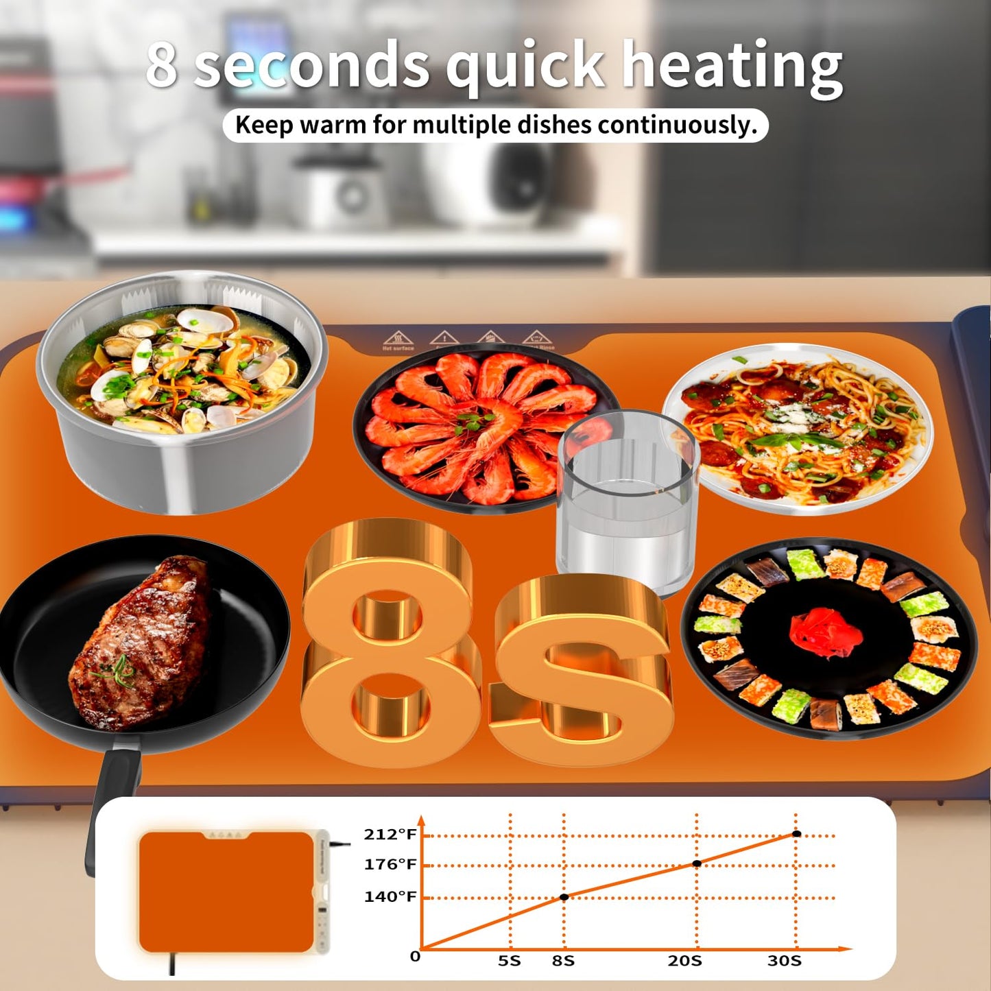 Electric Warming Tray&Food Warming MatFast Full Surface Electric Warming Tray with 7 Temp-Settings & 8H Timer, Portable Roll Up Food Warmer for Gatherings (Blue, 24''X15'')