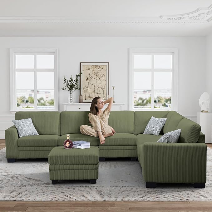 Legend Vansen Oversized Modular Sectional Sofa,7 Seat U Shaped Couch with Ottoman,Corduroy Sofa with Deep Seat,Convertible Large Sectional Couches for Living Room (Olive, L-7)