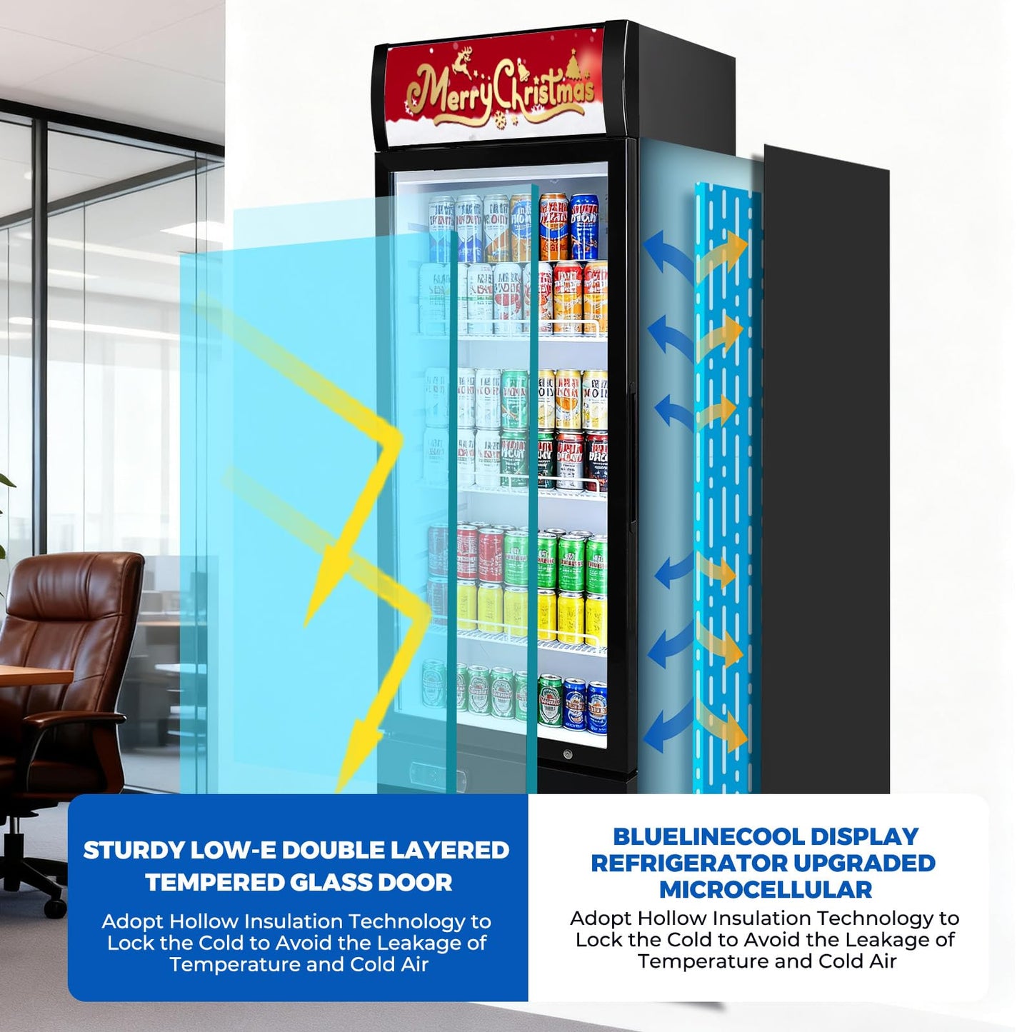 Bluelinecool Commercial Refrigerators 9 Cu.Ft Upright Merchandiser Drink Cooler – Glass Door Beverage Fridge with LED Light, Adjustable Shelves, Lock Wheels – Display Refrigerator for Beer, Bar, Shop