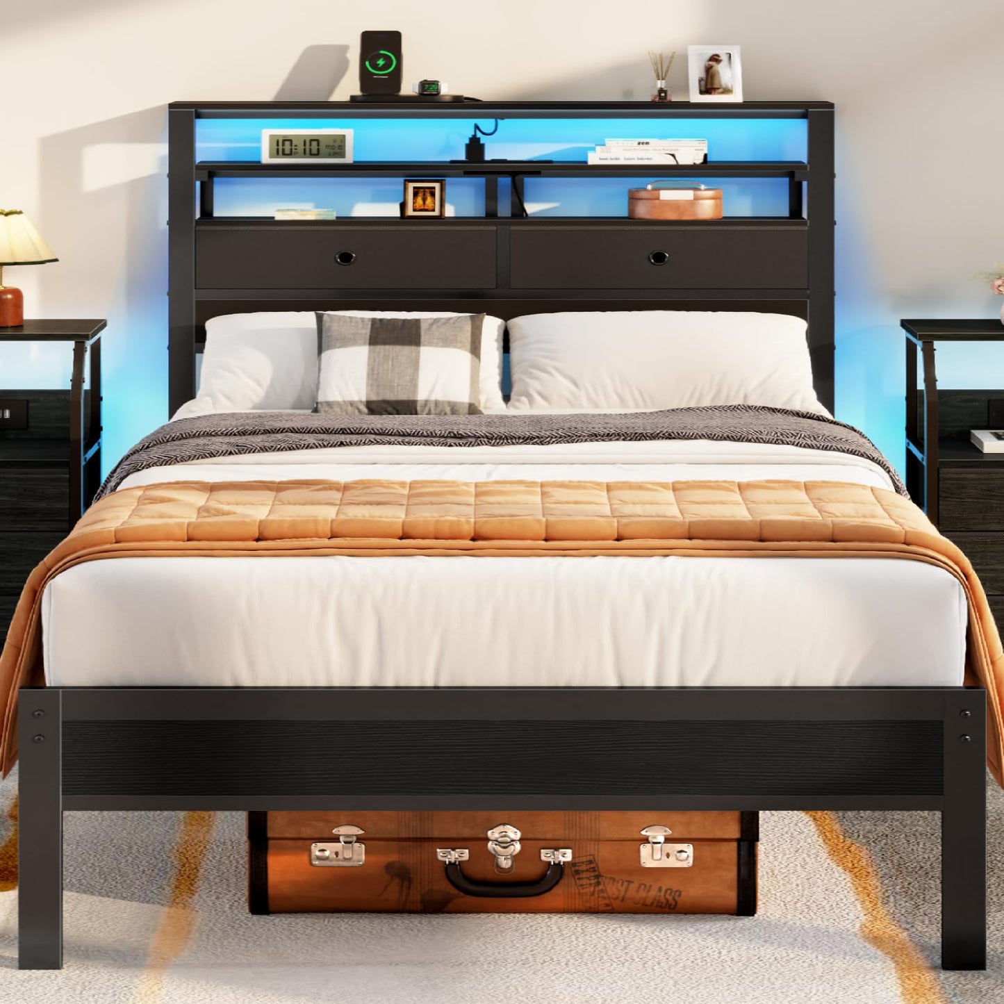 Furnulem Full Size Bed Frame with Headboard & 2 Fabric Drawers, Full Platform Bed Featuring LED Lights, Built-in Charging Station & Storage Shelves, Metal Slats, No Box Spring Needed – Black Oak