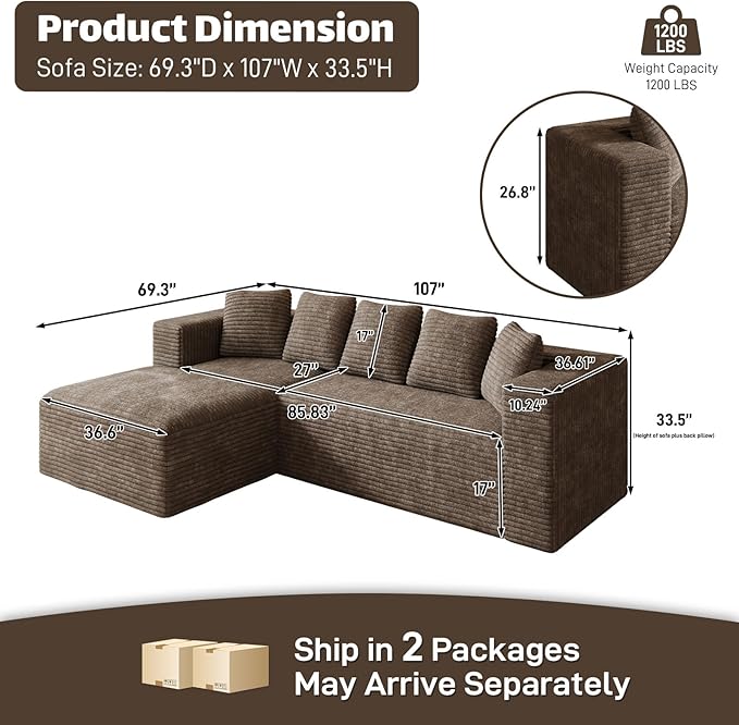 Modular Sectional Sofa, 107" L Shaped Cloud Couch Plush Corduroy Deep Seat Boneless Sofas with 5 Pillows Long Chaise Lounge Couches Memory Foam for Living Room - Brown, Right Facing Chaise