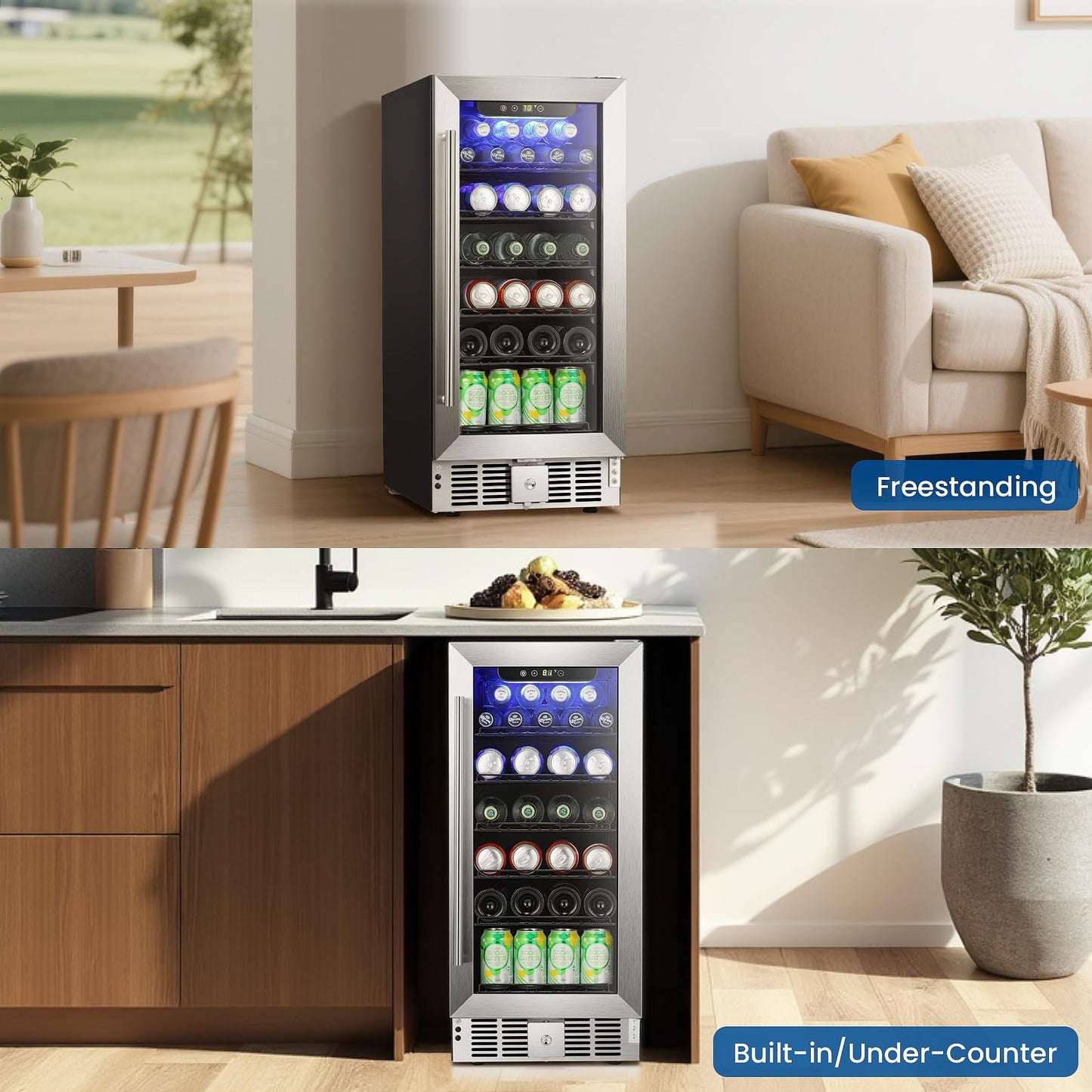 Antarctic Star 115 Can Beverage Refrigerator Cooler, 2.9 Cu.Ft Mini Fridge with Safety Lock, Beverage Cooler with Glass Door/LED Light/Adjustable Removable Shelves for Home/Office/Bar(Stainless Steel)