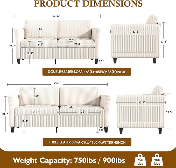Corduroy Loveseat Sofa, Modern Comfy Couches with Side Pocket, Cloud Sofa Couch for Living Room, Bedroom and Small Spaces,Beige