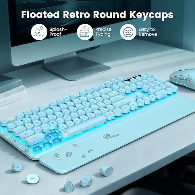 Wireless Keyboard and Mouse Combo, Backlit Round Keycaps, Retro Typewriter Keyboard with Detachable Wrist Rest, Rechargeable & Tilt Legs, 2.4GHz Cordless Connection for Windows/PC (Glowing Turquoise)