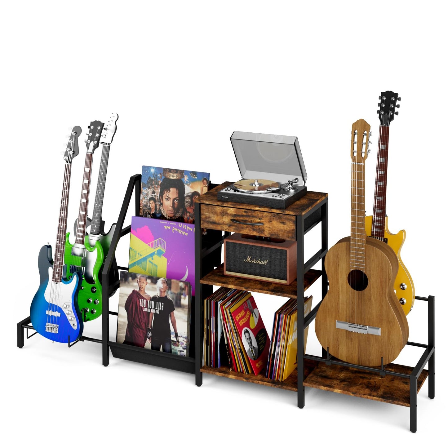 Kikihouse 3 Tier Guitar Stand For Multiple Guitars, Guitar Rack With Amp Shelf And Vinyl Record Storage, Multi Guitar Stand For
