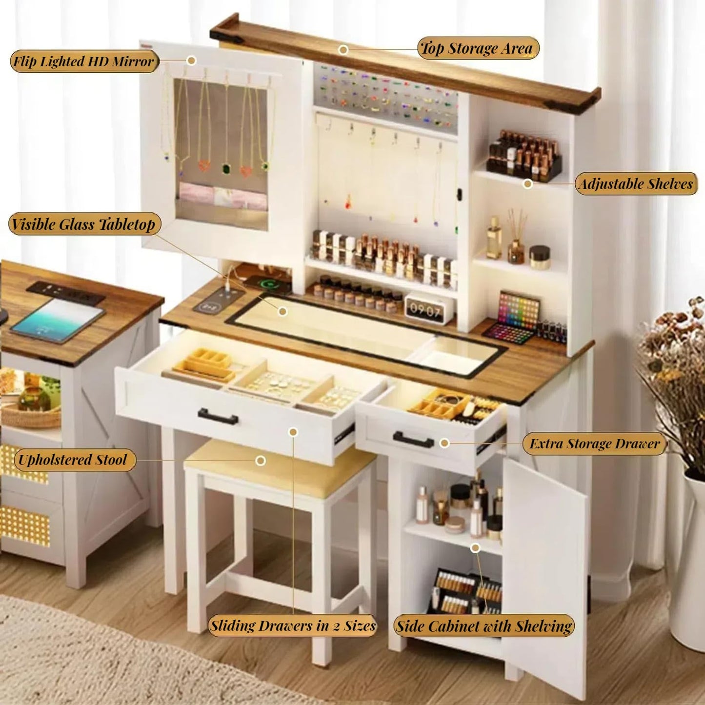 GlasFlength Farmhouse Makeup Vanity with Lighted Mirror,Vanity Desk with Charging Station,Vanity Table with Hidden Jewelry Cabinet,40'' Makeup Table with Glass Tabletop,Stool Included,Vintage White