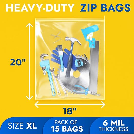 18" x 20" Large Zip Seal Lock Bags, 6 Mil (Pack of 15) – Heavy-Duty Reclosable Plastic Bags – Clear, Resealable, Waterproof – For Storing and Organizing Clothes, Jewelry, and Travel Items