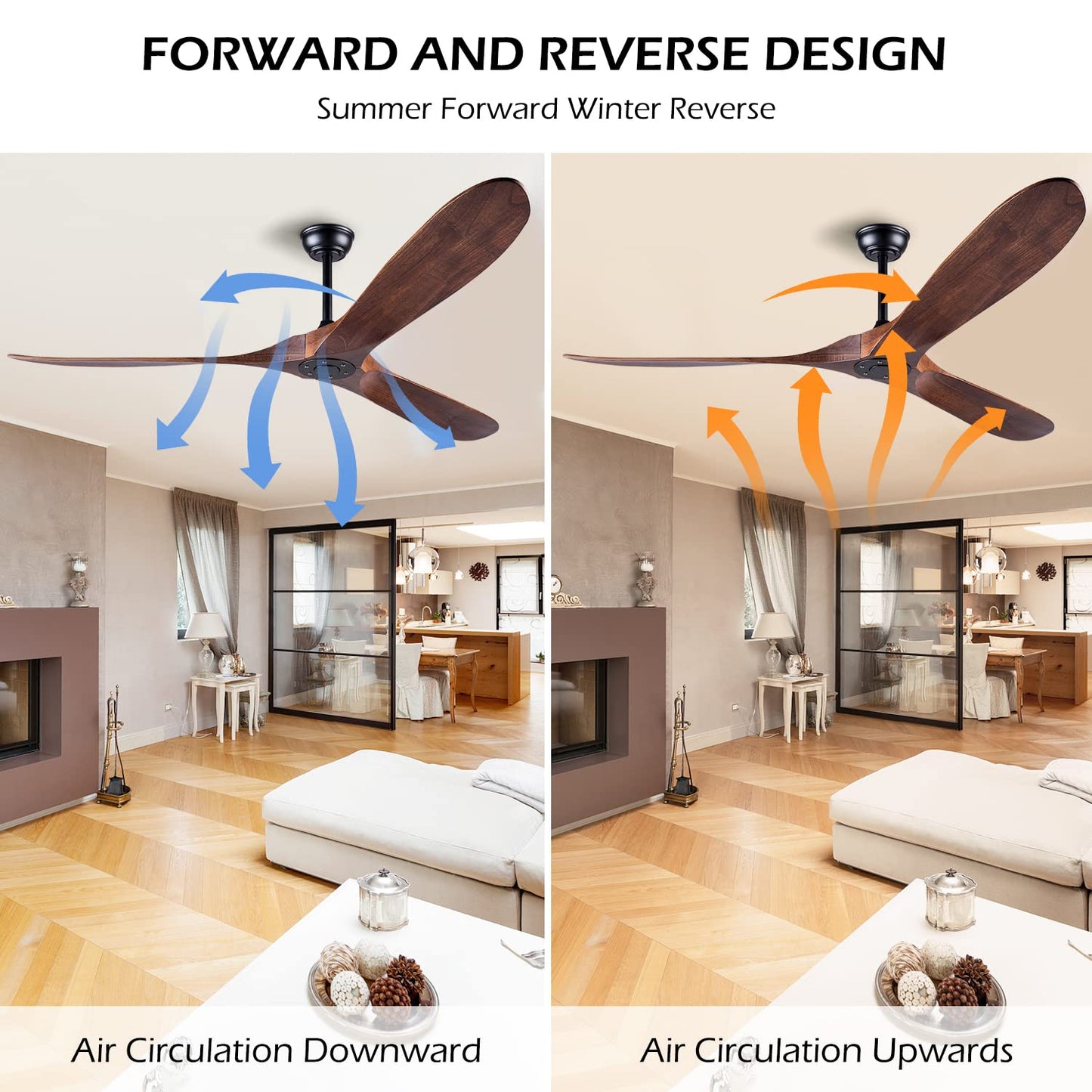 EOPETY 60 Inch Ceiling Fan Without Light ，Wood Indoor Outdoor Ceiling Fans No Light for Patios Living Room Bedroom Porch Big Ceiling Fan for Flat Sloped Ceiling(Walnut)