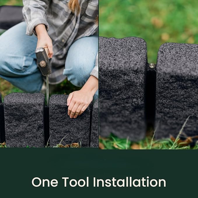 Beuta Landscape Edging | Garden Edging Border | Faux Stone Block XL for Lawn Edging, Flower Beds & Yard Edging – 10 Pack | Each Section Has 6 Blocks 48" L x 4" W x 9.5" H | 30 Spikes | Charcoal