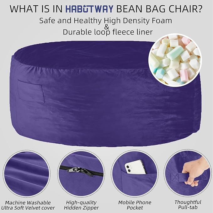 HABUTWAY Bean Bag Chair: Giant 5' Memory Foam Furniture Bean Bag Chairs for Adults with Microfiber Cover 5Ft (Purple)