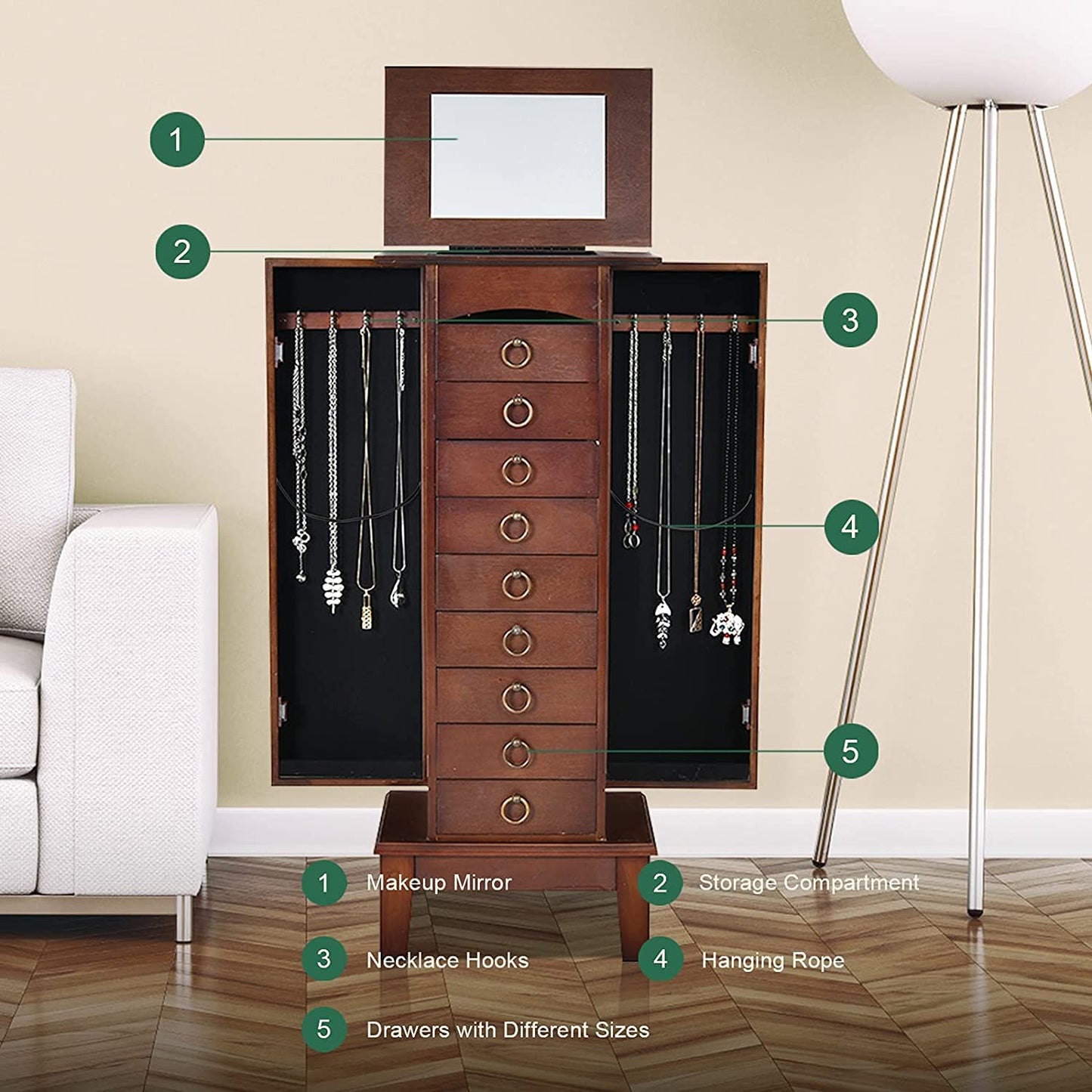 FANTASK Standing Jewelry Armoire Cabinet, Wooden Jewelry Storage Chest w/Flip Top Mirror, 9 Drawers & 2 Side Doors, Bedroom Armoire with Large Storage, Walnut