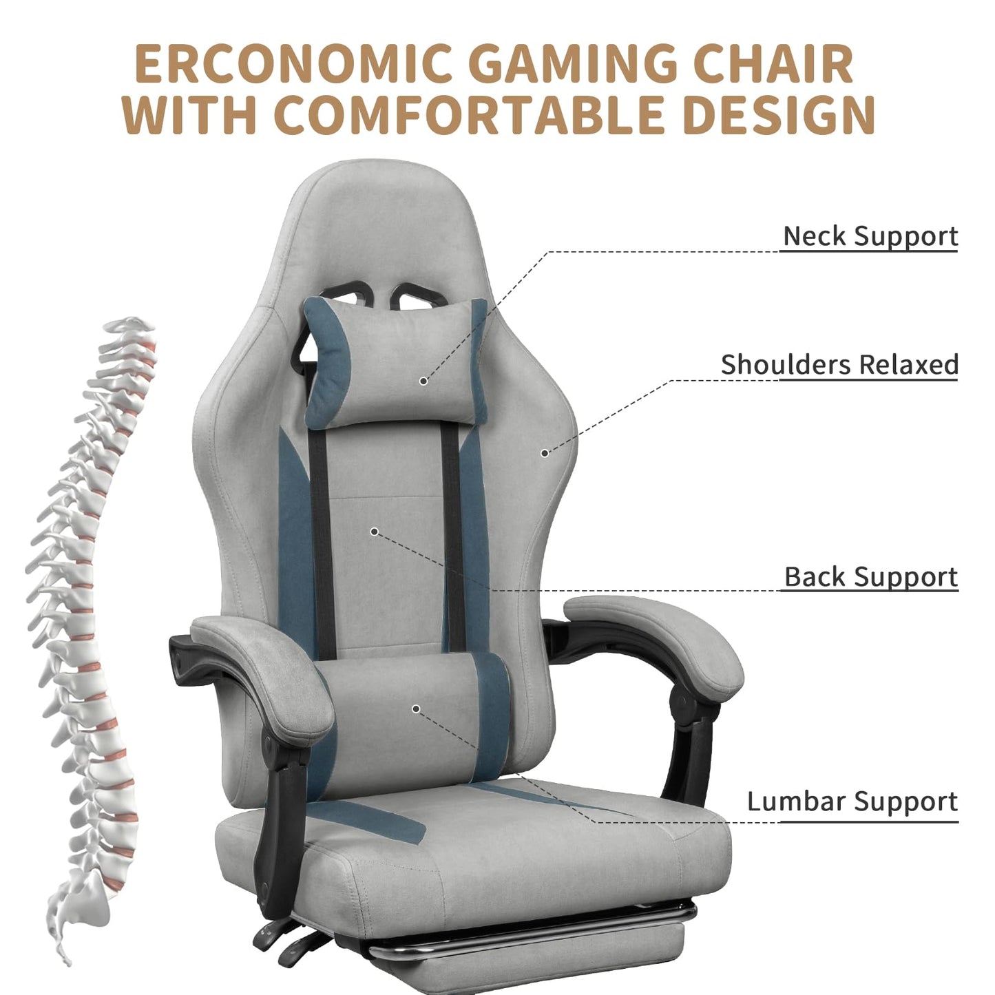 ErgoDesign Breathable Fabric Gaming Chair with Footrest, Height Adjustable Game Chair, Video Gaming Chair for Gaming Room, Living Room and Office - Light Grey/Blue