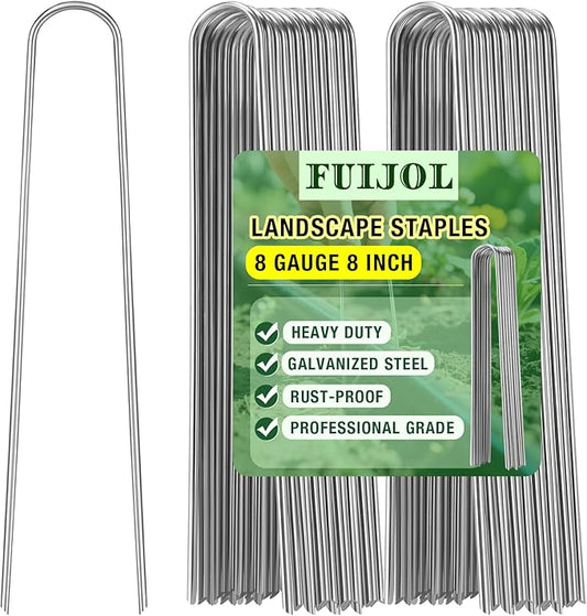 8 Gauge Landscape Staples, FUIJOL 8 Inch 15 25 50 100 Pack Heavy Duty U-Shaped Landscape Stakes, Galvanized Garden Staples for Weed Barrier Stakes, Ground Cover, Irrigation Tubing, Fence (25, 8 Inch)
