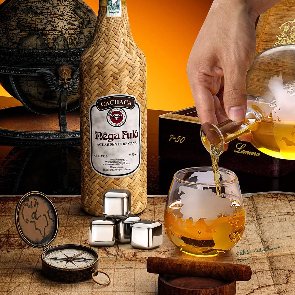 BLOCE Whiskey Decanter Sets for Men with Glasses, Etched World Globe Whiskey Gifts for Dad with 2 Glasses, 4 Ice Cubes Set, Dad Birthday Gift for All Kinds of Alcohol Drinks and Vodka