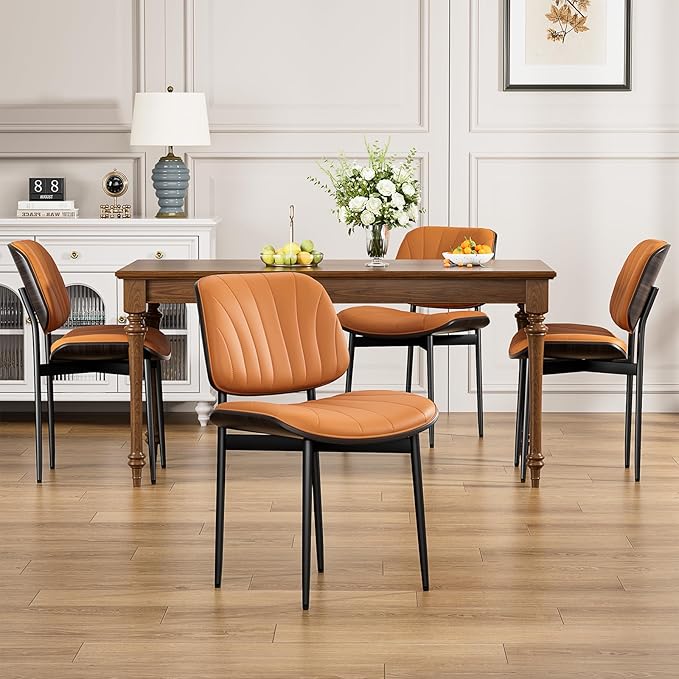 YaFiti Dining Chairs Set of 4, Mid Century Modern Dining Room and Kitchen Chairs, Upholstered PU Leather Chairs with Walnut Bentwood and Metal Legs, Orange